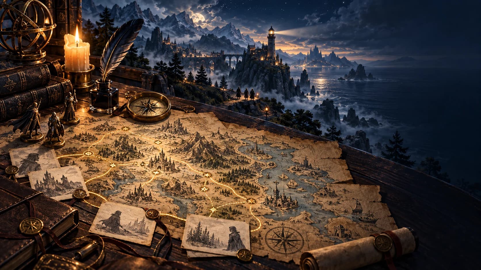 An original parchment world map with glowing routes, character tokens, a compass, and a moonlit fantasy coastline
