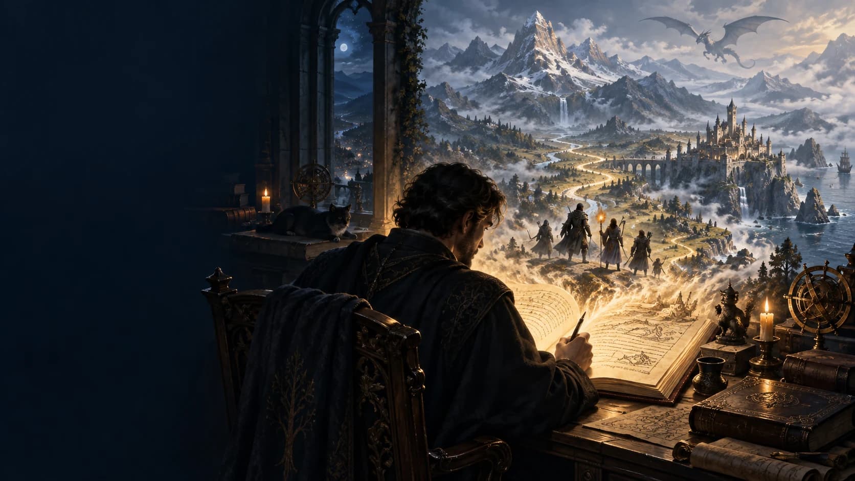 An author at a manuscript as an original fantasy world of maps, travelers, mountains, and a distant dragon emerges from the page