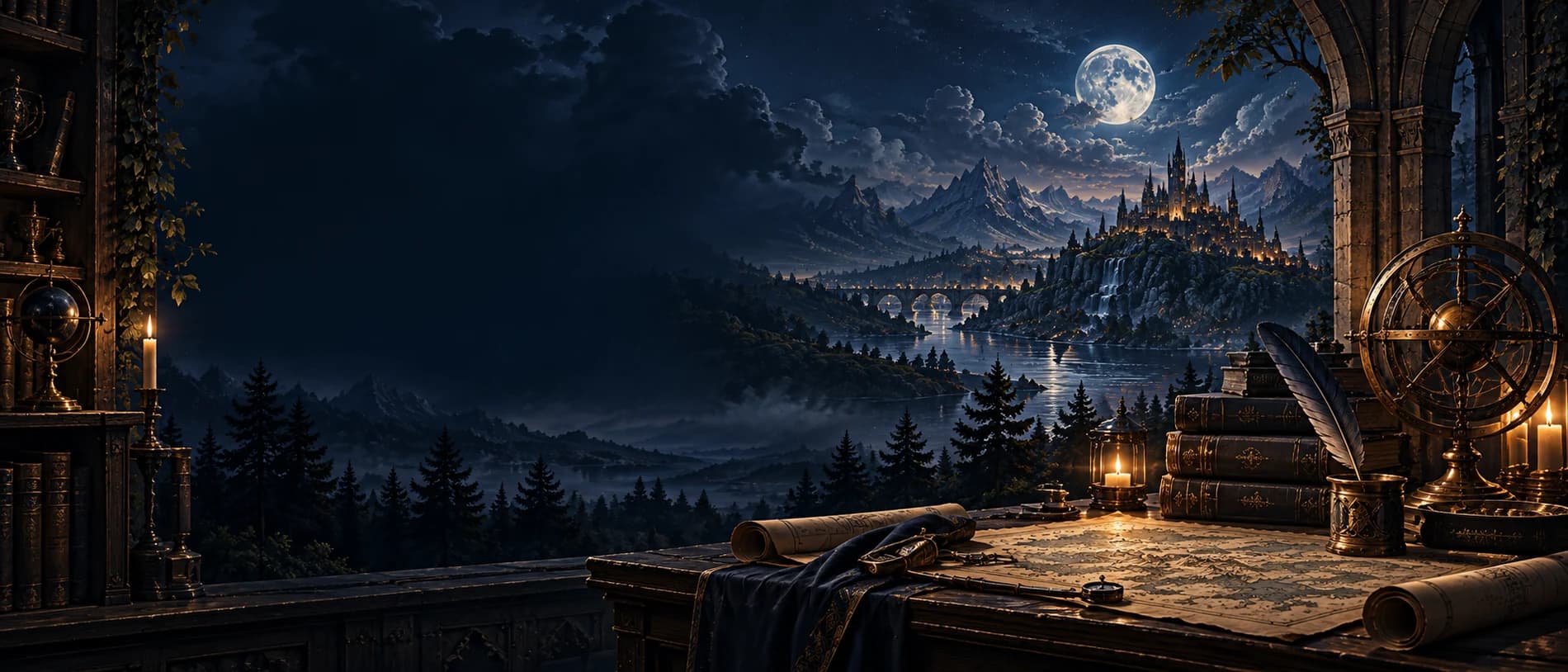 A moonlit writer's observatory overlooking an original fantasy city and mountain valley